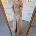 Vestido de noche de sirena de lujo marrón 2025, elegante con cuentas y abertura alta para ocasiones formales LA70301L 
