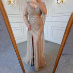 Vestido de noche de sirena de lujo marrón 2025, elegante con cuentas y abertura alta para ocasiones formales LA70301L 