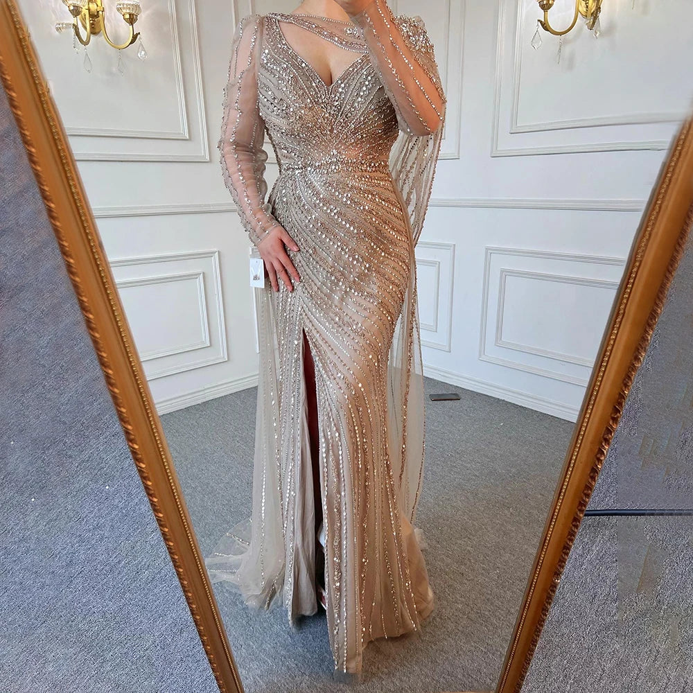 Vestido de noche de sirena de lujo marrón 2025, elegante con cuentas y abertura alta para ocasiones formales LA70301L 