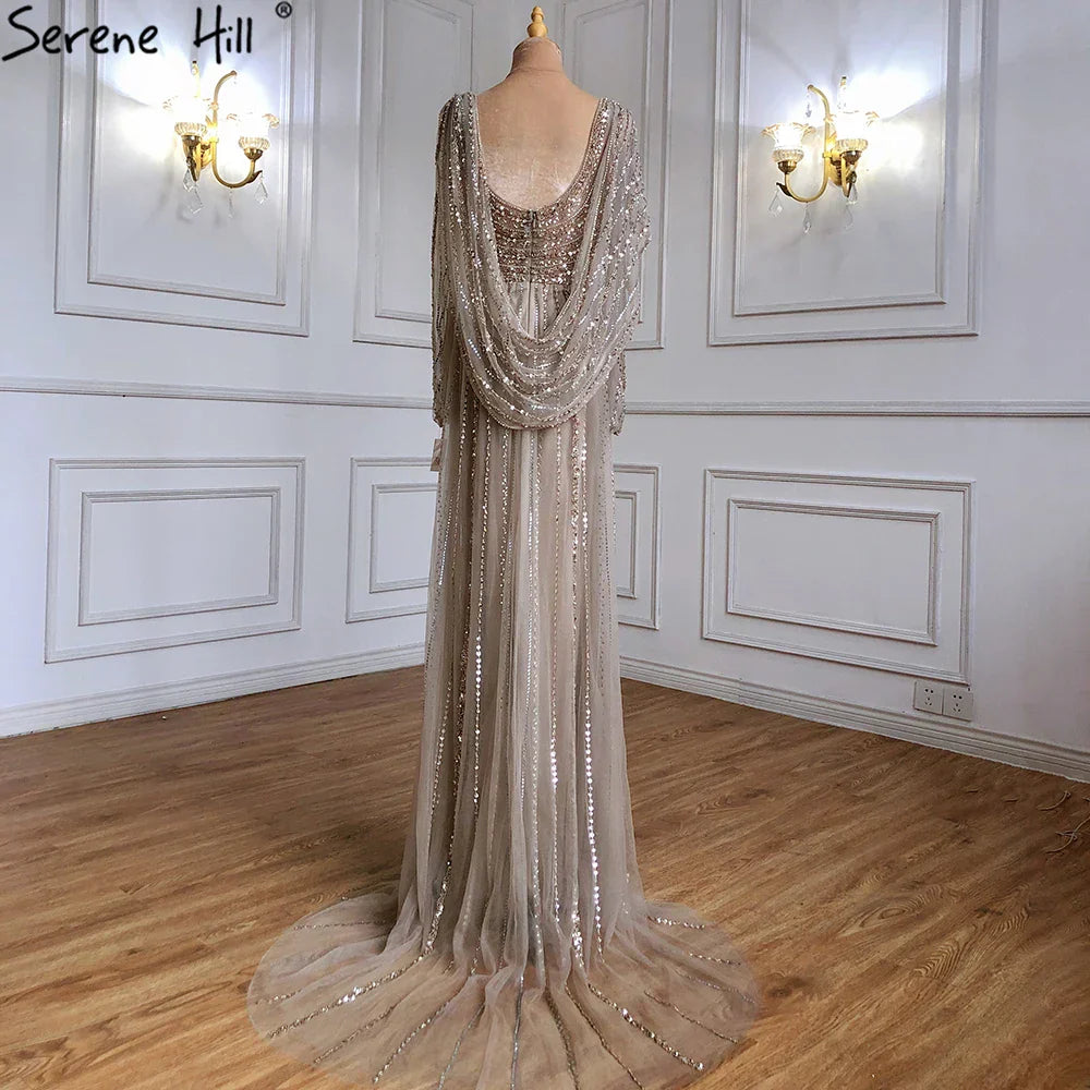 Vestido de noche de sirena de lujo marrón 2025, elegante con cuentas y abertura alta para ocasiones formales LA70301L 