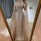 Vestido de noche árabe saudí de corte A color caramelo con cuentas y mangas tipo capa para bodas (LA72798) 