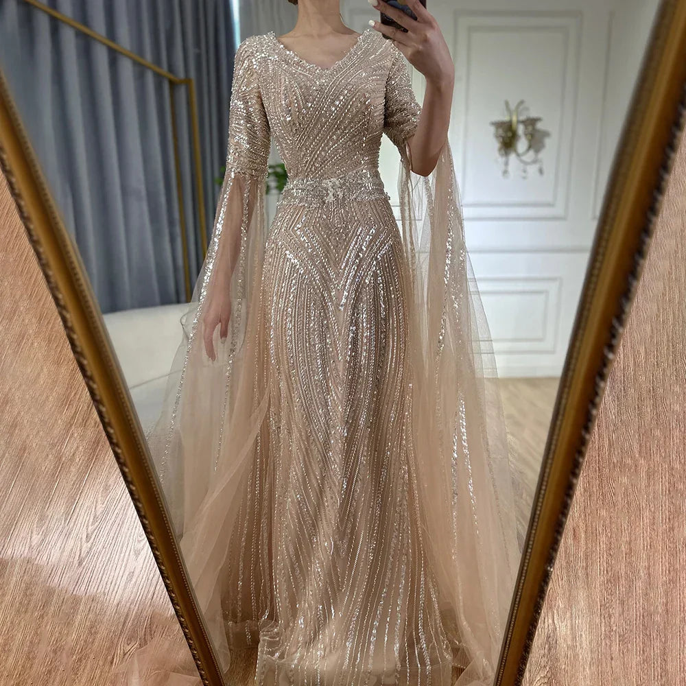 Vestido de noche árabe saudí de corte A color caramelo con cuentas y mangas tipo capa para bodas (LA72798) 