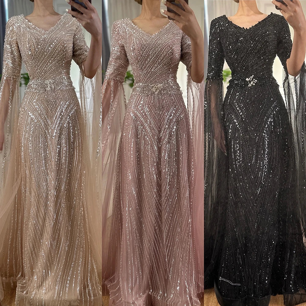 Vestido de noche árabe saudí de corte A color caramelo con cuentas y mangas tipo capa para bodas (LA72798) 