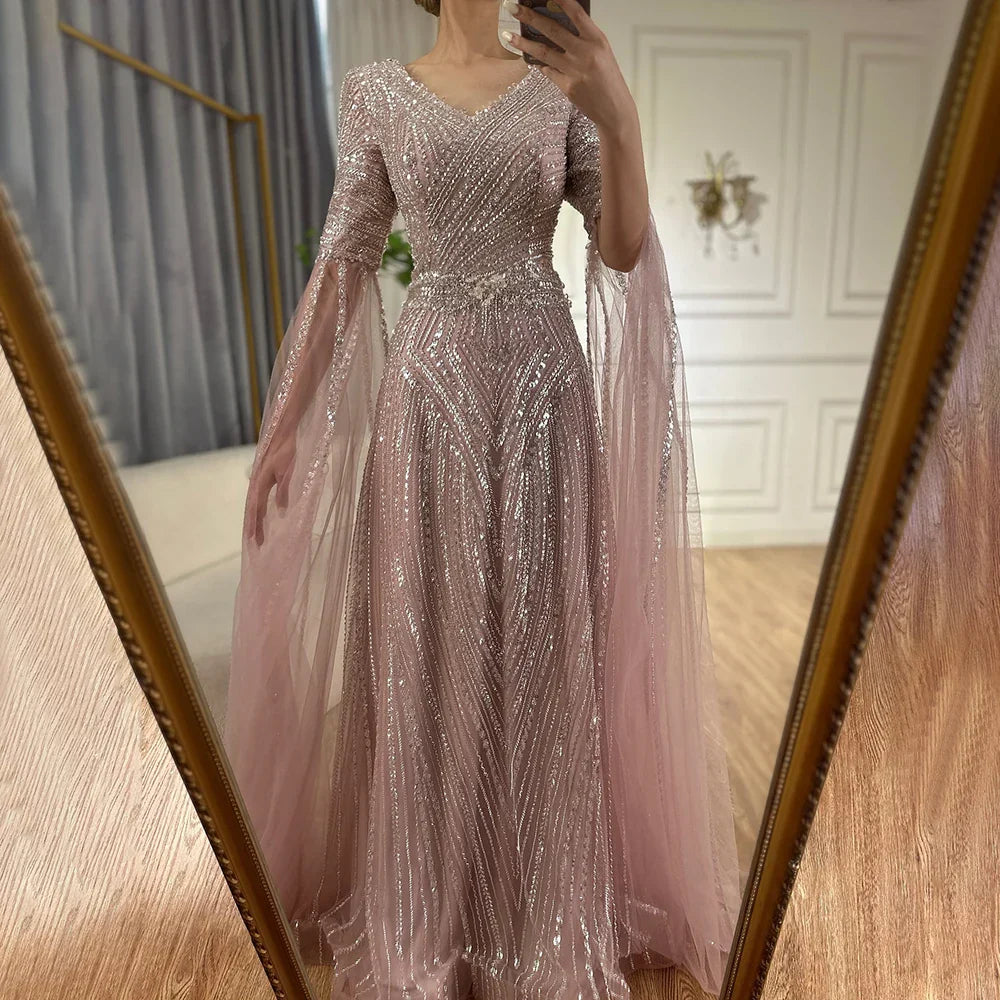 Vestido de noche árabe saudí de corte A color caramelo con cuentas y mangas tipo capa para bodas (LA72798) 