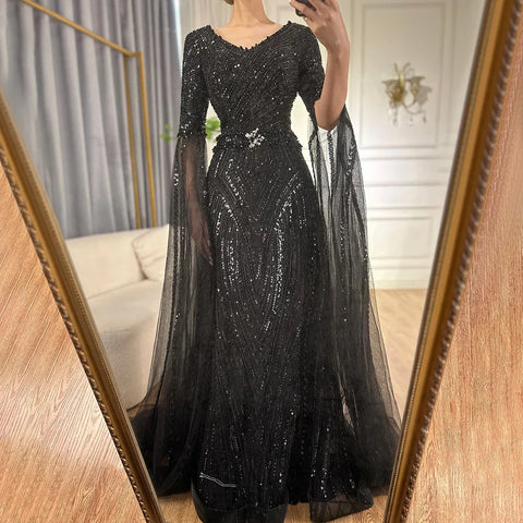 2025 Caramel A-Line Beaded Saudi Arabic Evening Dress with Cape Sleeves for Wedding Party LA72798