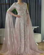 Vestido de noche árabe saudí de corte A color caramelo con cuentas y mangas tipo capa para bodas (LA72798) 