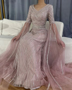 Vestido de noche árabe saudí de corte A color caramelo con cuentas y mangas tipo capa para bodas (LA72798) 