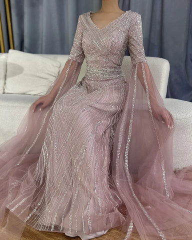 2025 Caramel A-Line Beaded Saudi Arabic Evening Dress with Cape Sleeves for Wedding Party LA72798