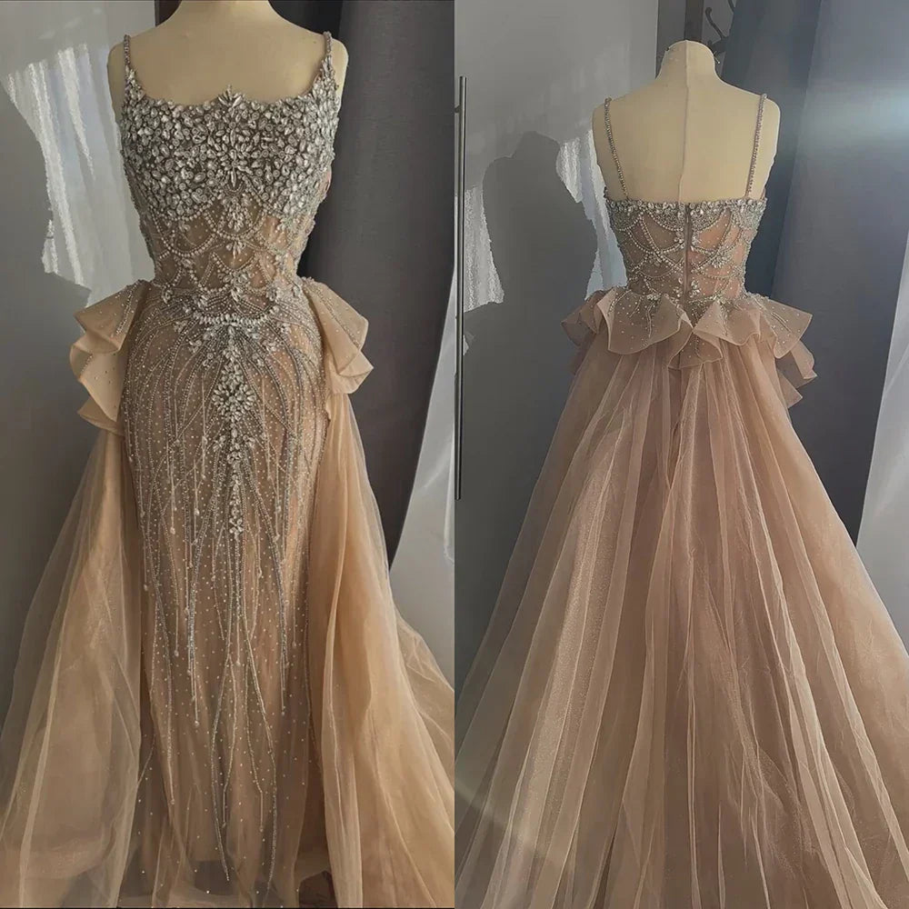 Vestidos de noche color nude con tirantes finos y cuentas, estilo saudí, con sobrefalda, para ocasiones formales LA72810 