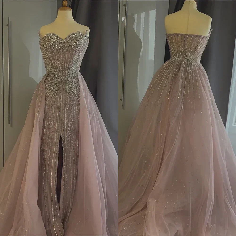 Vestidos de noche de sirena color nude con cuentas y sobrefalda para ocasiones formales LA72811 (2025) 