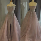 Vestidos de noche de sirena color nude con cuentas y sobrefalda para ocasiones formales LA72811 (2025) 