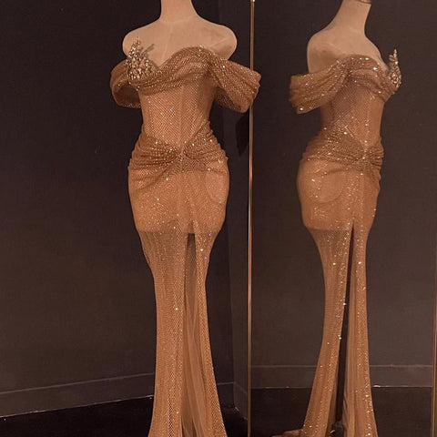 2025 Nude Saudi Arabic Beaded High Split Evening Dresses Gowns for Formal Occasion LA72807
