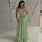 Sage Green Beaded A-Line Spaghetti Strap Evening Dress Gown LA72805
