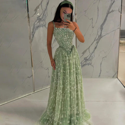 Sage Green Beaded A-Line Spaghetti Strap Evening Dress Gown LA72805