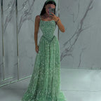 Sage Green Beaded A-Line Spaghetti Strap Evening Dress Gown LA72805