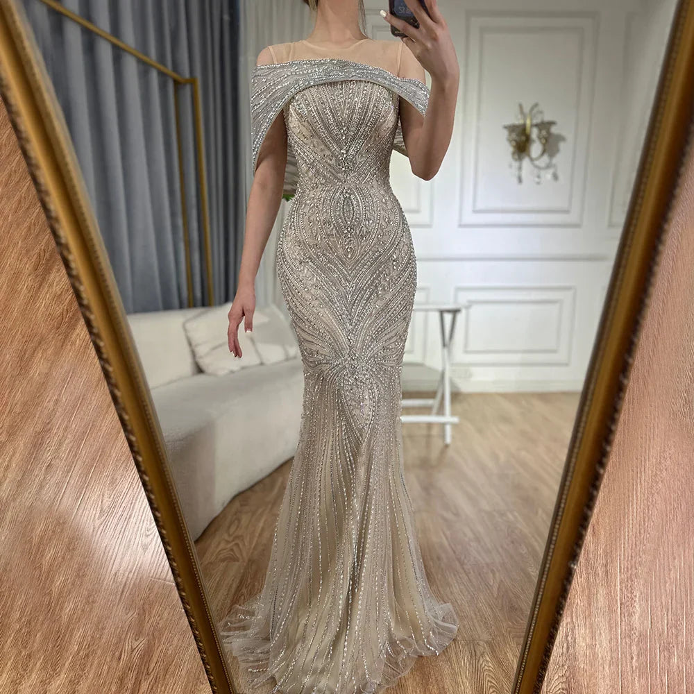 Vestido de noche de sirena con cuentas color nude plateado, estilo saudí, para ocasiones formales LA72800 (2025) 