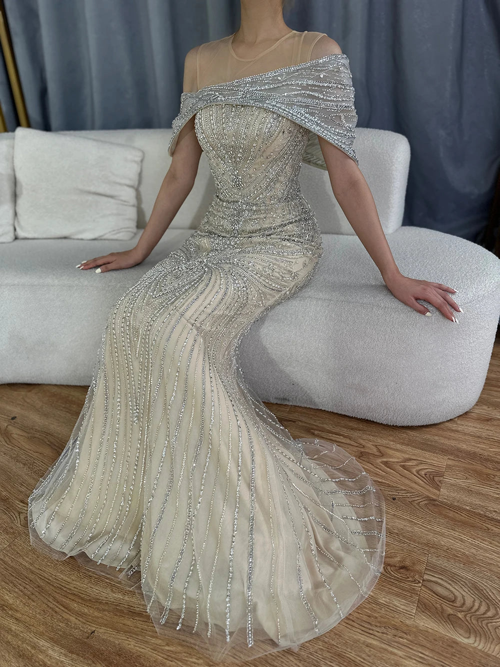 Vestido de noche de sirena con cuentas color nude plateado, estilo saudí, para ocasiones formales LA72800 (2025) 