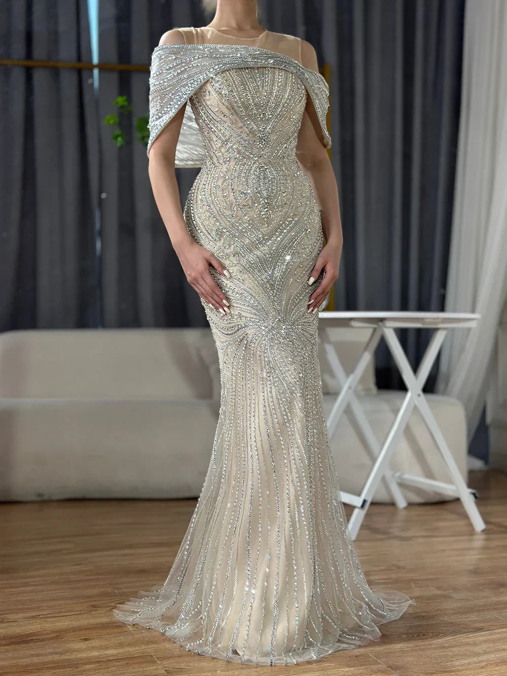 Vestido de noche de sirena con cuentas color nude plateado, estilo saudí, para ocasiones formales LA72800 (2025) 
