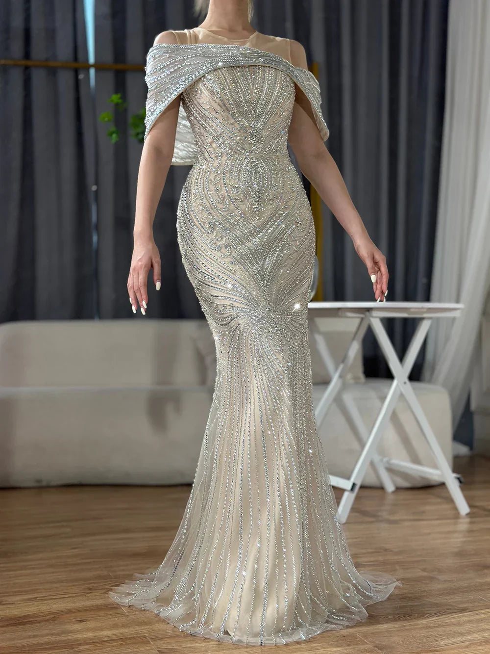 Vestido de noche de sirena con cuentas color nude plateado, estilo saudí, para ocasiones formales LA72800 (2025) 
