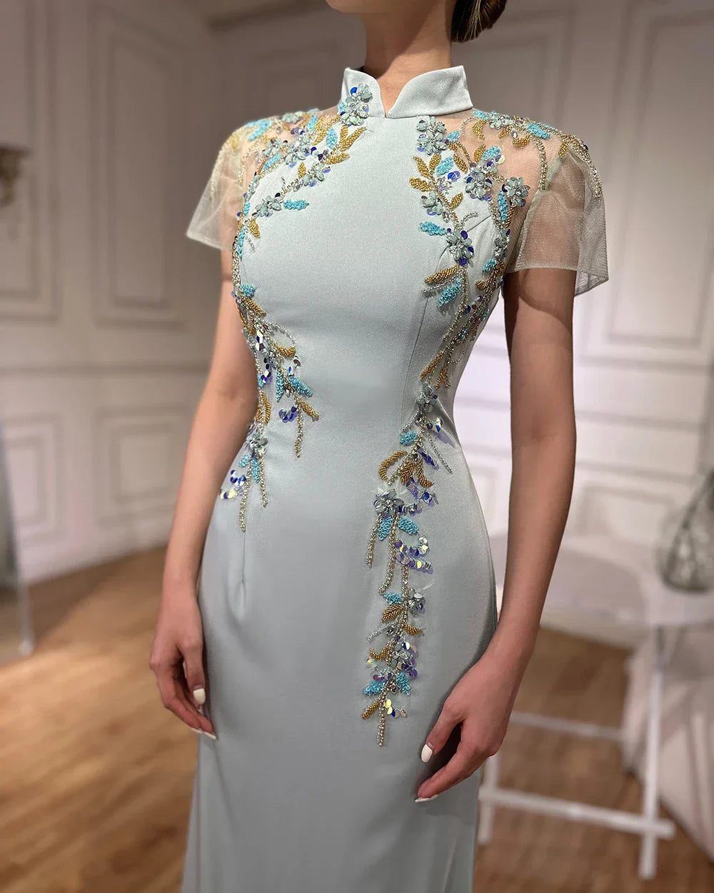 Vestido de noche de satén con cuentas estilo sirena y corsé de Saudi Mint 2025 para ocasiones formales LA72797 