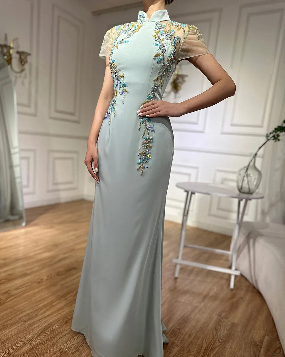 Vestido de noche de satén con cuentas estilo sirena y corsé de Saudi Mint 2025 para ocasiones formales LA72797 