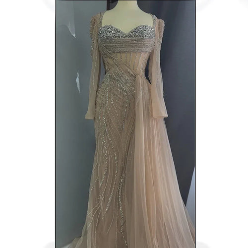 Robe de soirée arabe couleur chair saoudienne, perles et cristaux, avec surjupe, pour une occasion formelle, LA72812, 2025