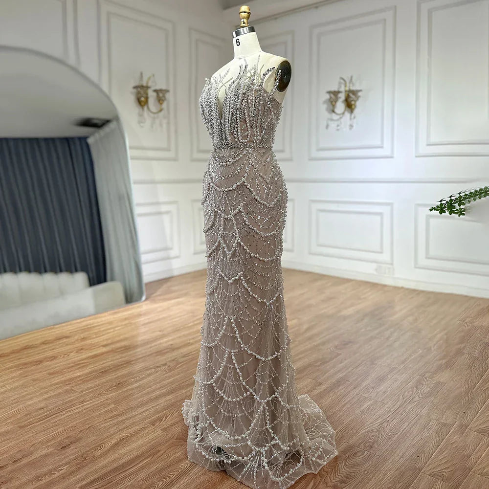 Vestidos de noche de sirena sin tirantes con perlas saudíes color nude, modelo LA72816, para ocasiones formales (2025) 