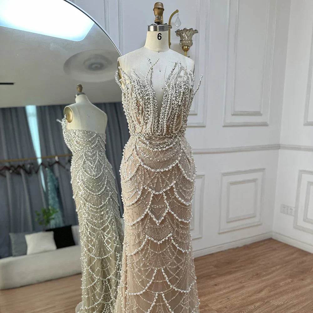 Vestidos de noche de sirena sin tirantes con perlas saudíes color nude, modelo LA72816, para ocasiones formales (2025) 