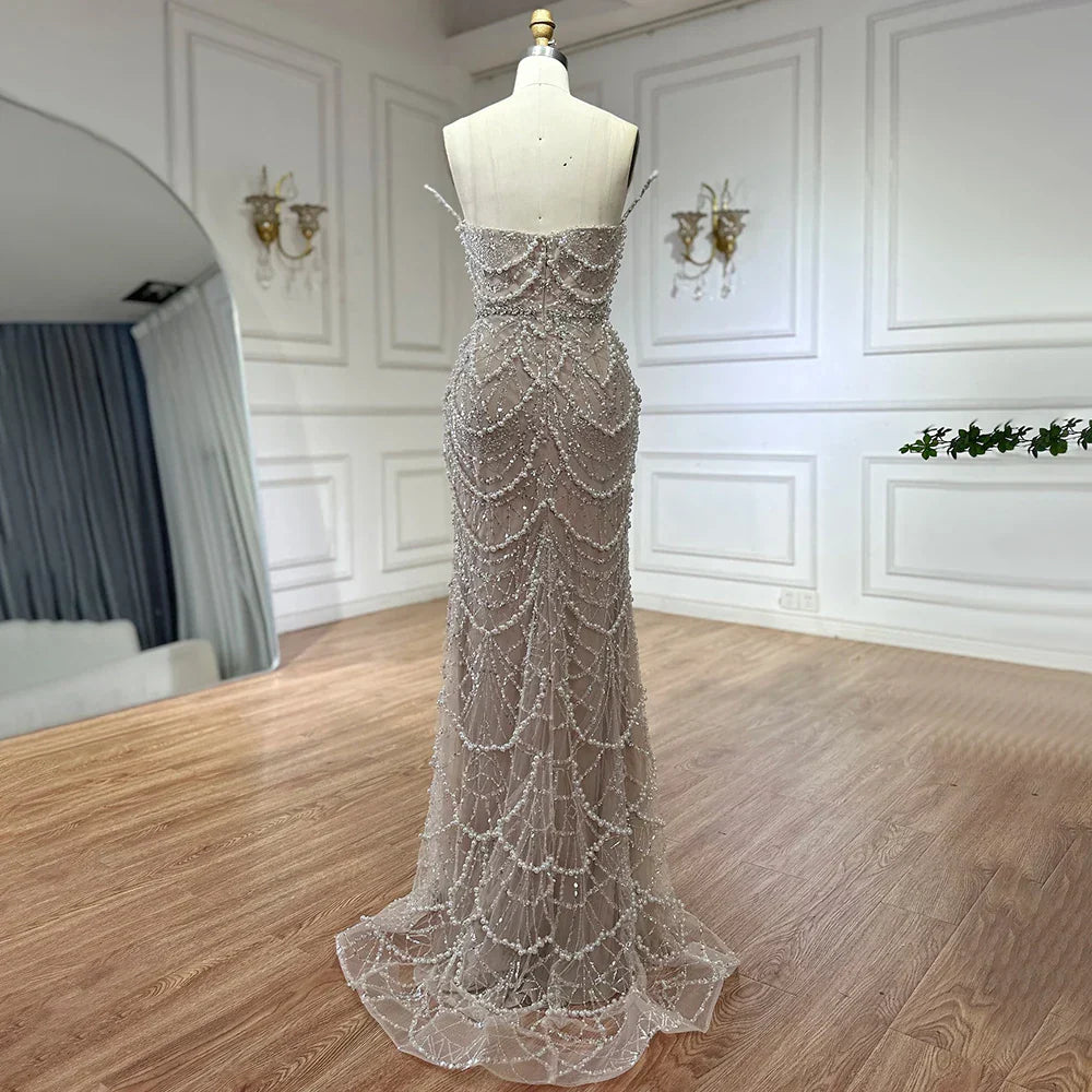 Vestidos de noche de sirena sin tirantes con perlas saudíes color nude, modelo LA72816, para ocasiones formales (2025) 