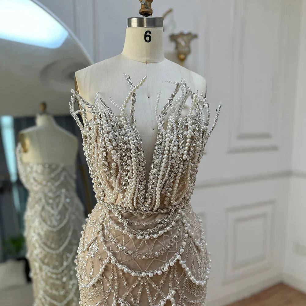 Vestidos de noche de sirena sin tirantes con perlas saudíes color nude, modelo LA72816, para ocasiones formales (2025) 