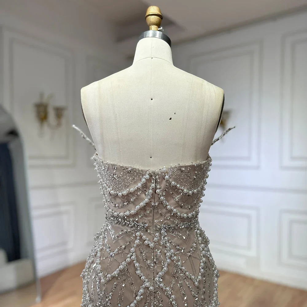 Vestidos de noche de sirena sin tirantes con perlas saudíes color nude, modelo LA72816, para ocasiones formales (2025) 