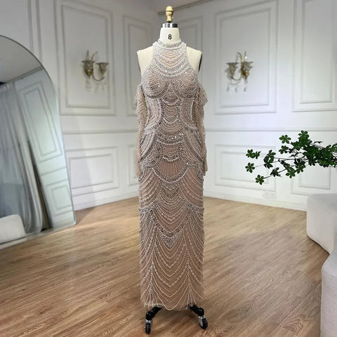Arabia Nude Mermaid Elegant Evening Dress Gowns with Pearls Beaded for Formal Occasion 2025 LA72091A