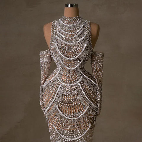 Arabia Nude Mermaid Elegant Evening Dress Gowns with Pearls Beaded for Formal Occasion 2025 LA72091A