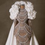 Vestido de noche elegante estilo sirena color nude de Arabia, con perlas y cuentas, ideal para ocasiones formales (2025) LA72091A 