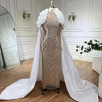 Vestido de noche elegante estilo sirena color nude de Arabia, con perlas y cuentas, ideal para ocasiones formales (2025) LA72091A 