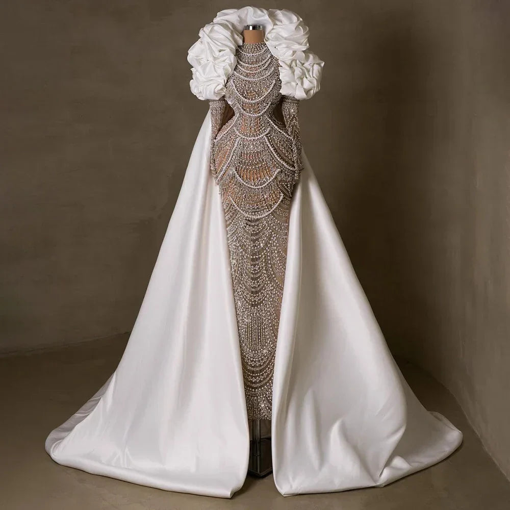 Vestido largo de noche estilo sirena con perlas color nude blanco árabe, capa larga, estilo Dubai, para ocasiones formales LA72091C 