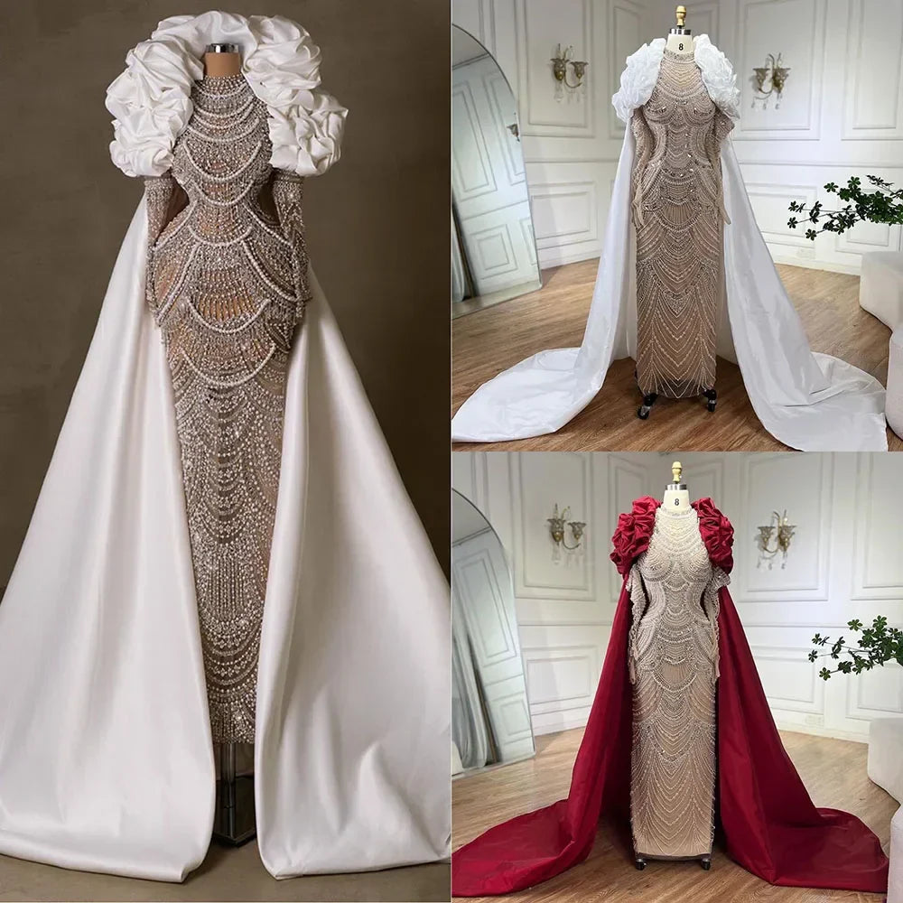 Vestido largo de noche estilo sirena con perlas color nude blanco árabe, capa larga, estilo Dubai, para ocasiones formales LA72091C 