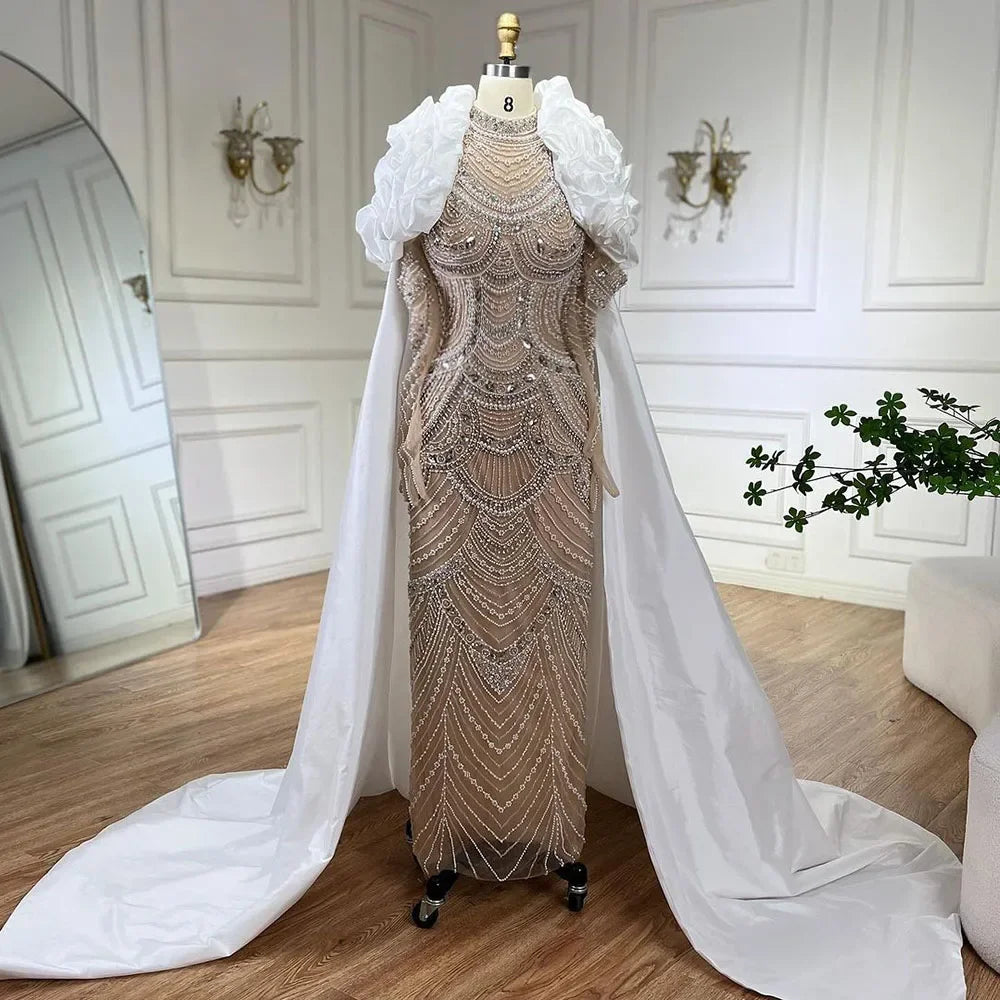 Vestido largo de noche estilo sirena con perlas color nude blanco árabe, capa larga, estilo Dubai, para ocasiones formales LA72091C 