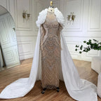 Vestido largo de noche estilo sirena con perlas color nude blanco árabe, capa larga, estilo Dubai, para ocasiones formales LA72091C 