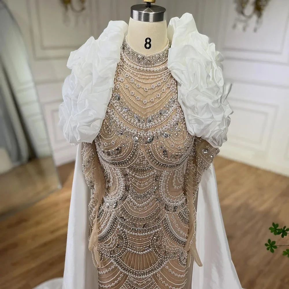 Vestido largo de noche estilo sirena con perlas color nude blanco árabe, capa larga, estilo Dubai, para ocasiones formales LA72091C 