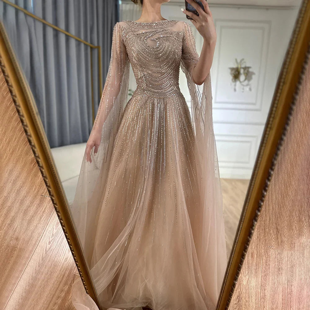 Vestidos de noche árabes color caramelo saudí con mangas tipo capa, corte en A y cuentas para bodas 2025 LA72799 