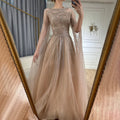 Vestidos de noche árabes color caramelo saudí con mangas tipo capa, corte en A y cuentas para bodas 2025 LA72799 