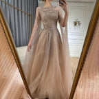 Vestidos de noche árabes color caramelo saudí con mangas tipo capa, corte en A y cuentas para bodas 2025 LA72799 