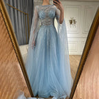 Vestidos de noche árabes color caramelo saudí con mangas tipo capa, corte en A y cuentas para bodas 2025 LA72799 