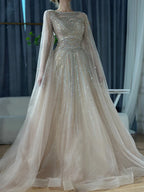 Vestidos de noche árabes color caramelo saudí con mangas tipo capa, corte en A y cuentas para bodas 2025 LA72799 