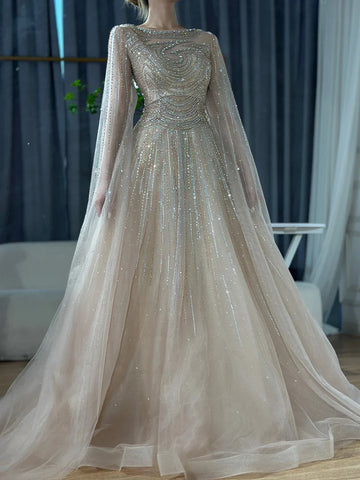 Arabic Caramel Saudi Evening Dresses with Cape Sleeves A-Line Beaded For Wedding Party 2025 LA72799