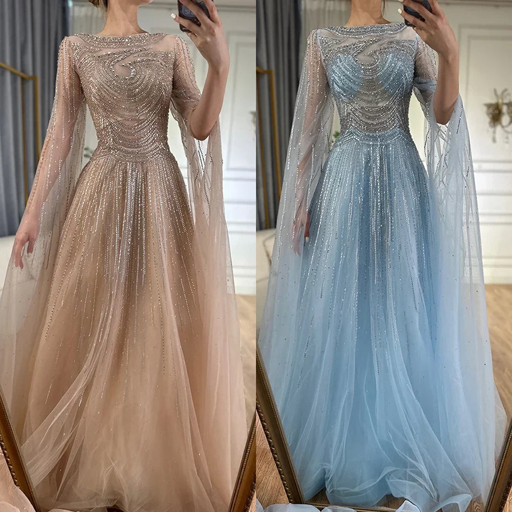 Vestidos de noche árabes color caramelo saudí con mangas tipo capa, corte en A y cuentas para bodas 2025 LA72799 
