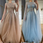 Vestidos de noche árabes color caramelo saudí con mangas tipo capa, corte en A y cuentas para bodas 2025 LA72799 