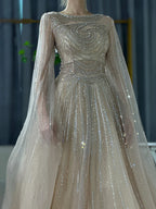 Vestidos de noche árabes color caramelo saudí con mangas tipo capa, corte en A y cuentas para bodas 2025 LA72799 