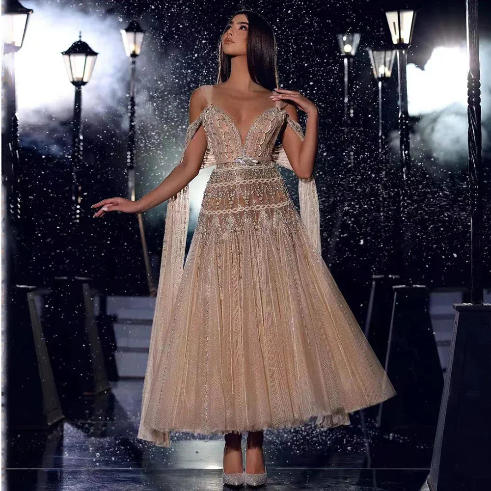 Robe de soirée mi-longue style arabe nude, coupe trapèze, bretelles et perles, pour femme, tenue de mariage, modèle LA71911, 2025 